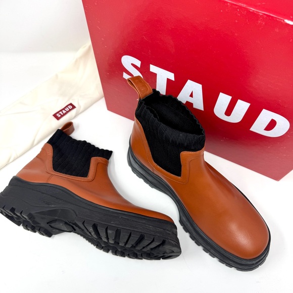 STAUD Shoes - Staud Women's Brown Bow Sock-Ankle Lug Sole Chelsea Boots